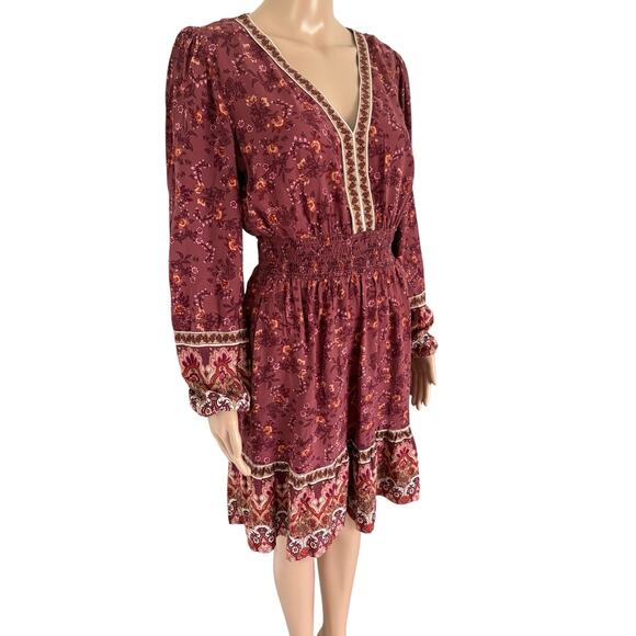 Lucky Brand Boho Floral Paisley Mini Dress M Cottage Western Peasant Smocked Red - Picture 2 of 8